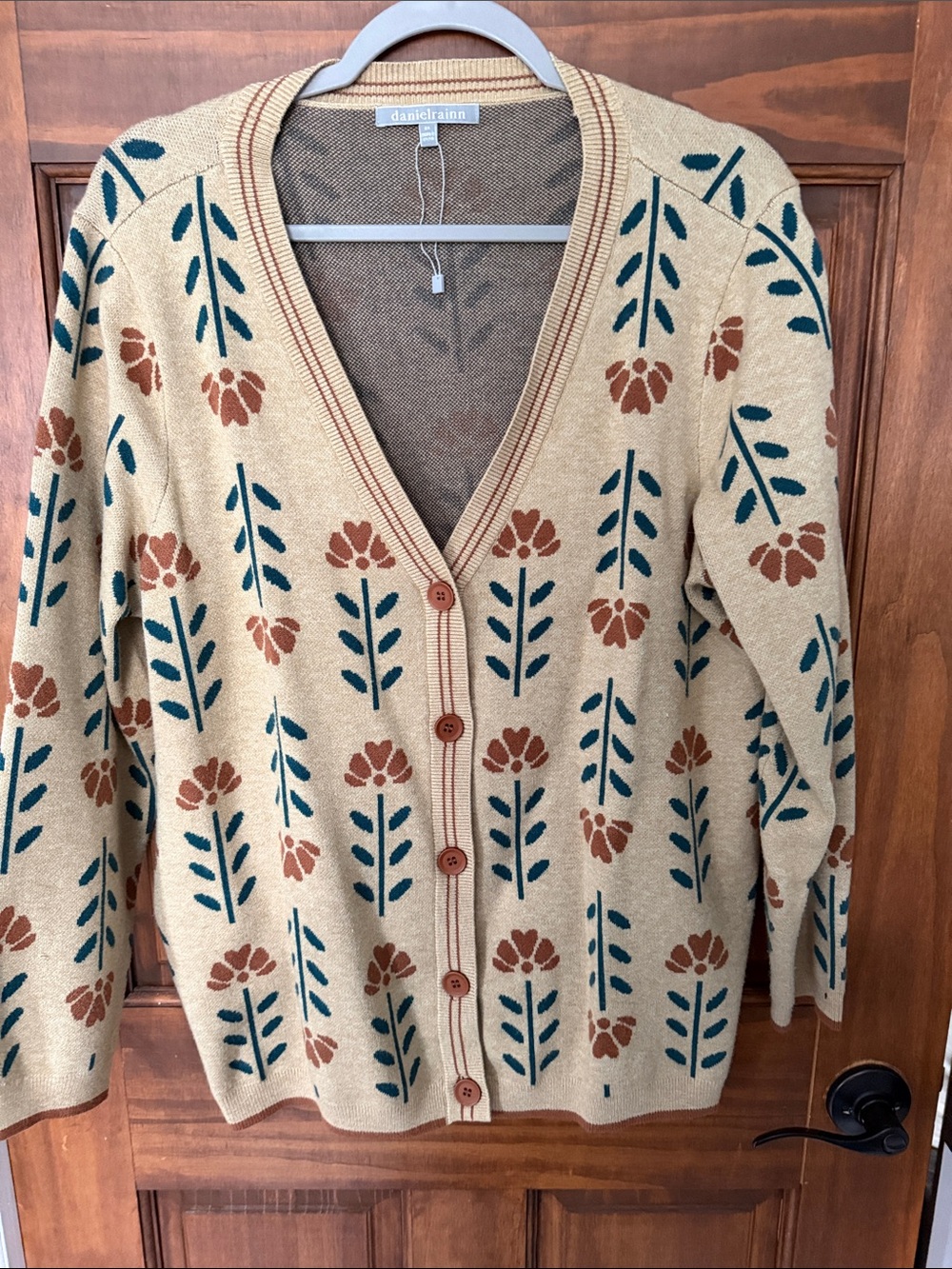 Daniel Rainn Tan Floral-Print V-Neck Cardigan with Teal Accents